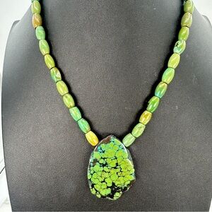 Tibetan Turquoise Stone Pendant Necklace Green Stone Beads Sterling Clasp 17”